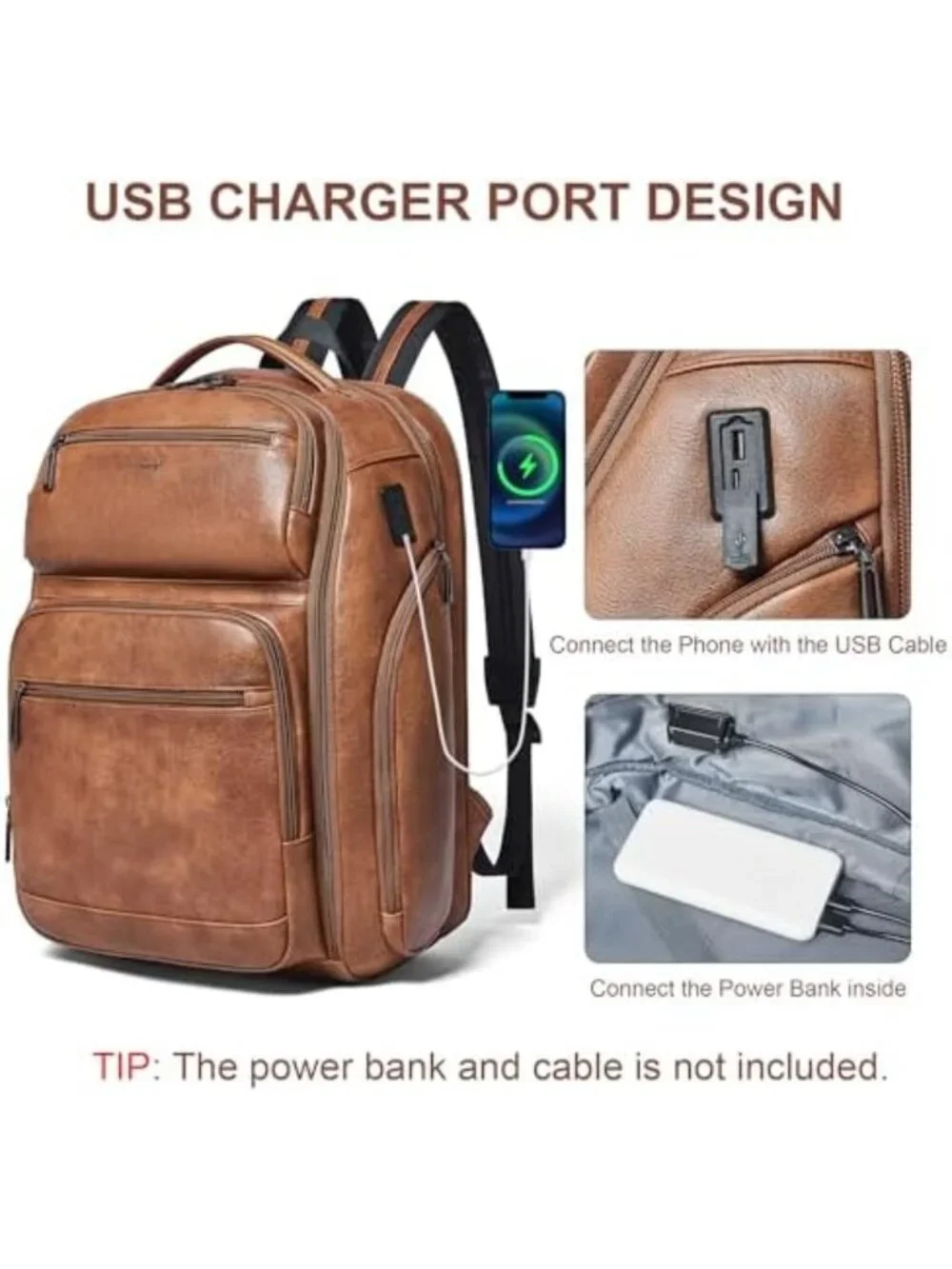 Expandable Vegan Leather Backpack, 40L Travel Bag for Laptops, USB Port, Brown